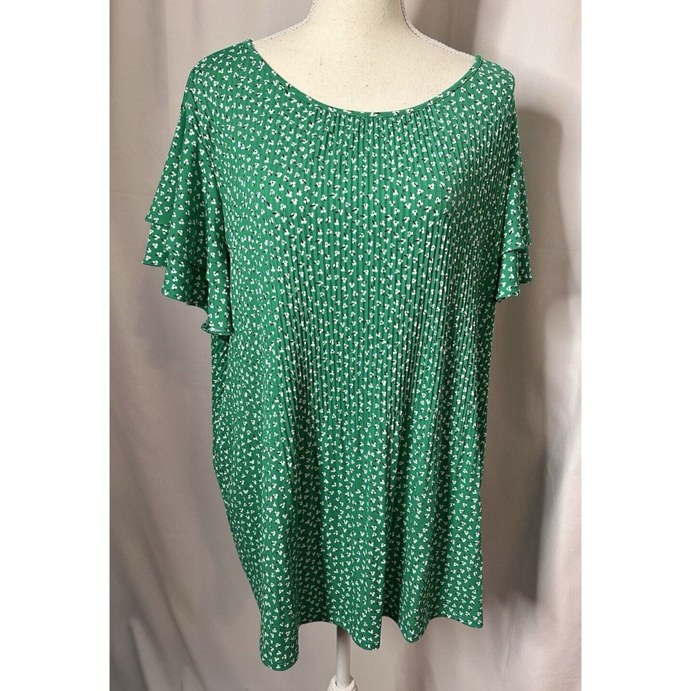 Adrianna Papell Top Size 2x Floral Green tiered Flutter Sleeve Peplum Pleated